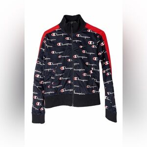 Champion Navy Jacket with Red Shoulder Stripes and Logo Print